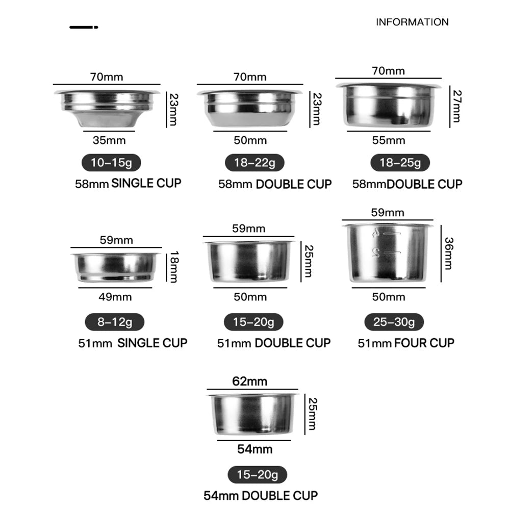 Various stainless steel portafilter cups including 51mm 54mm 58mm stainless portafilter sizes for espresso brewing