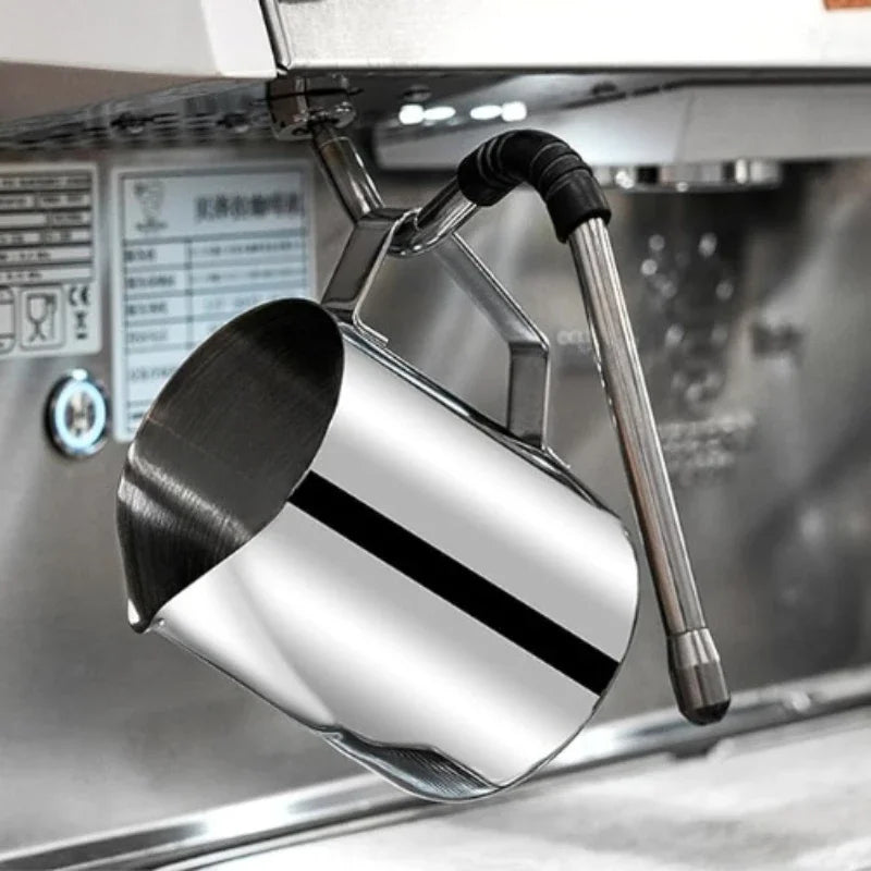 UK Espresso stainless steel milk frothing jug hanging by espresso machine for professional use