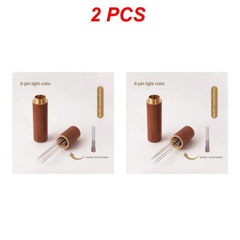 Set of 2 WDT espresso stirrer tool with wooden handle and stainless steel pins for precise coffee preparation